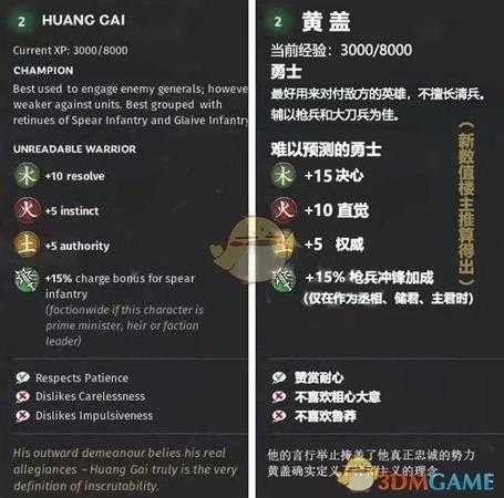 《全面战争：三国》木属性武将黄盖先天属性一览