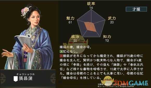 《三国志14》张昌蒲五维属性图一览